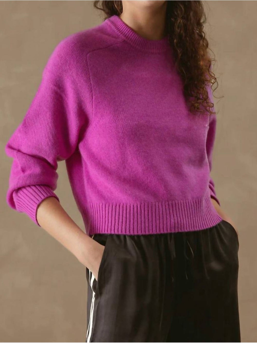 Cropped Crewneck Sweater in Bright Magenta